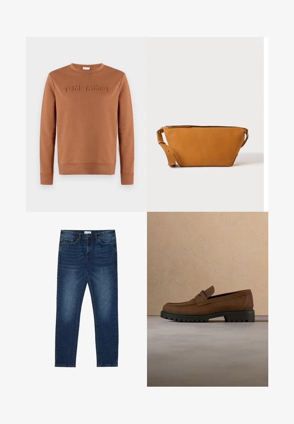 Sweat-shirt marron à manches longues et col rond avec le texte en relief "TOM TAILOR 1962" sur la poitrine, présenté sur un fond uni.; Jean slim-fit bleu foncé avec des détails délavés, design classique à cinq poches, fermeture à bouton et passants de ceinture.; Mocassin en cuir marron foncé avec semelle épaisse en caoutchouc noir présenté au-dessus d’un tapis beige et d’un canapé en arrière-plan.; Sac bandoulière en cuir marron clair avec sangle réglable et fermeture éclair, présenté sur un fond clair uni.