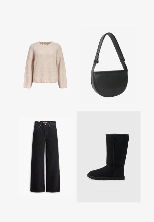 Lys rosa strikket genser med rund hals, drop shoulder og ribbet nederkant. Myk tekstur med en avslappet passform og lange ermer.; Sorte vide benklær laget av denim, med fem lommer, kobbernitter og en klassisk knappelukking. Glatt tekstur med et rent design.; Svarte semskede støvler til midt på leggen med rund tå, teksturert overflate, synlige sting og gummisåle. Klassisk design uten pynt.; Svart lær halvmåneskulderveske med justerbar rem og klaffelukking mot hvit bakgrunn.