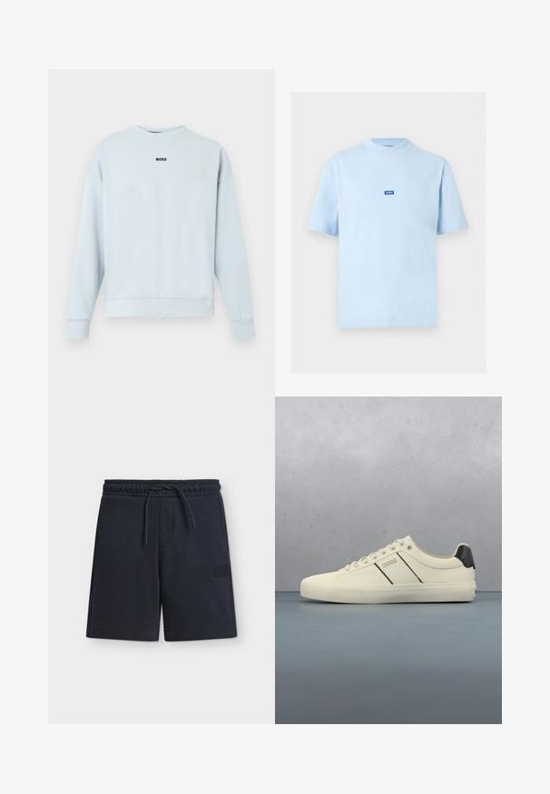Sweat-shirt bleu clair en tissu doux, avec un col rond, des manches longues, et un logo noir "BOSS" centré sur la poitrine.; T-shirt bleu clair à manches courtes avec un petit logo rectangulaire bleu portant la mention "HUGO" centré sur la poitrine.; Shorts casual bleu marine foncé avec taille élastique et cordon, longueur mi-cuisse, avec un patch logo discret sur le côté.; Baskets de couleur crème avec une texture lisse, dotées d'accents et de marquage noirs. Design classique à lacets avec un bout rond et une semelle en caoutchouc.