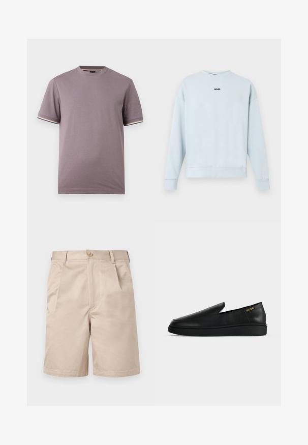 Sweat-shirt bleu clair en tissu doux, avec un col rond, des manches longues, et un logo noir "BOSS" centré sur la poitrine.; T-shirt manches courtes violet mat à col rond avec bordures rayées contrastées aux poignets et à l'encolure.; Short beige longueur genou avec fermeture avant bouton et zip, passants pour ceinture et poches latérales.; Chaussure noire en cuir à enfiler avec semelle épaisse et marquage "HUGO" en or près du talon sur un fond uni gris clair.