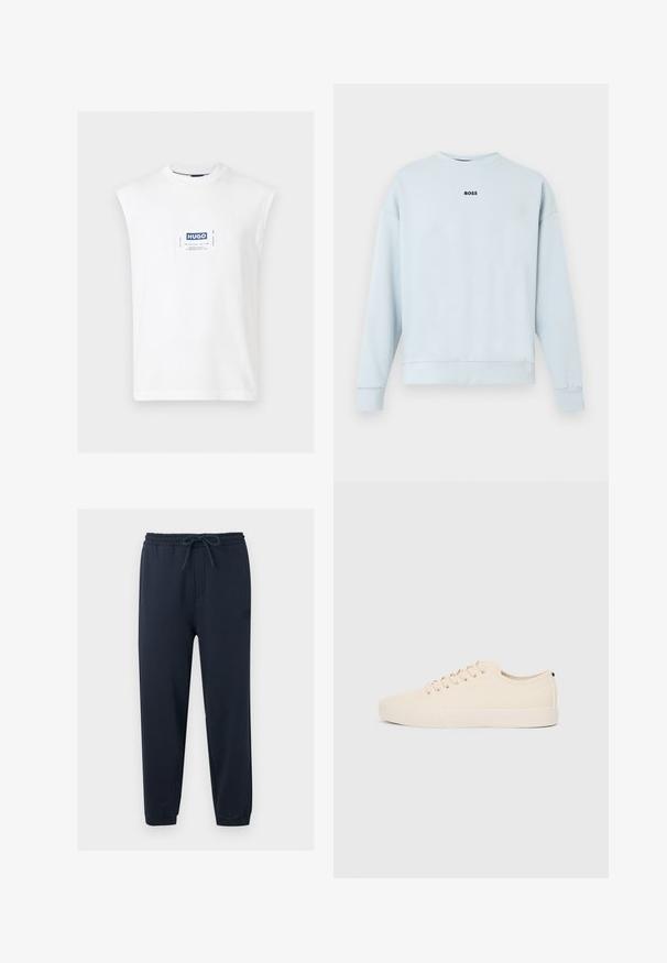 Sweat-shirt bleu clair en tissu doux, avec un col rond, des manches longues, et un logo noir "BOSS" centré sur la poitrine.; T-shirt blanc sans manches à col rond avec un patch rectangulaire centré du logo HUGO en bleu et blanc sur la poitrine.; Pantalon de jogging bleu marine avec ceinture élastique, cordon de serrage ajustable, jambes fuselées et ourlets retroussés.; Baskets en toile beige avec bout arrondi, semelle en caoutchouc plate et lacets à l'avant. Présente un design minimaliste et un accent noir contrastant au niveau du talon.
