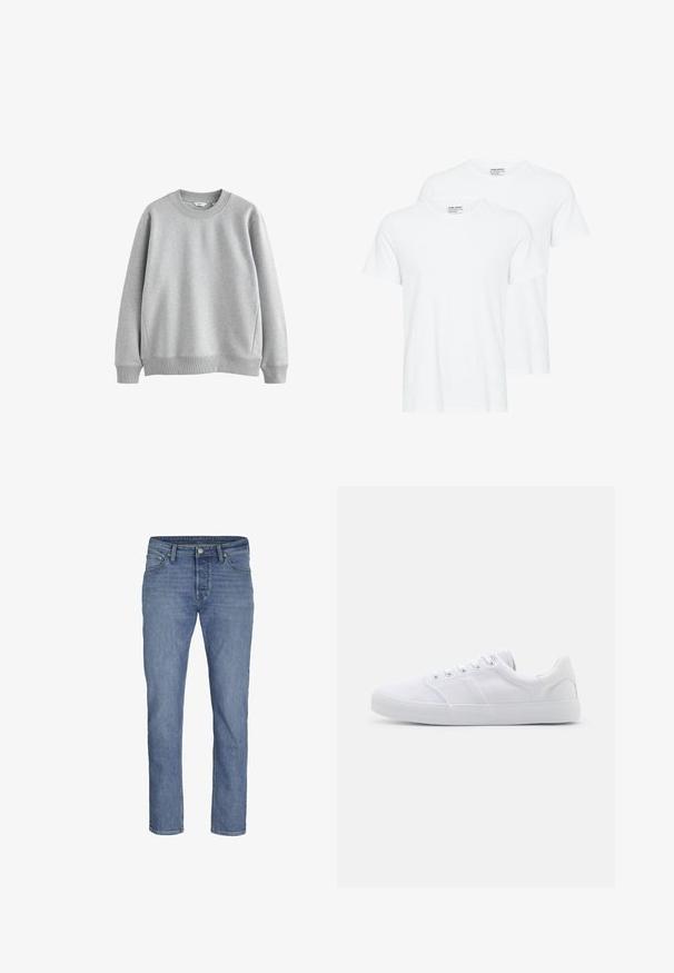 Grijze sweatshirt met een ronde halslijn, ribgebreide manchetten en zoom. Gemaakt van zachte stof met een gladde textuur, met een eenvoudig ontwerp.; Twee effen witte T-shirts met korte mouwen en ronde hals die elkaar overlappen op een witte achtergrond.; Lichtblauwe denim jeans met een rechte pijp, vijf zakken en een sluiting met knoop aan de voorkant met contrasterende stikdetails.; Witte canvas sneakers met een rubberen zool, voorzien van zes oogjes, een gestructureerde neuskap en een minimalistisch ontwerp.