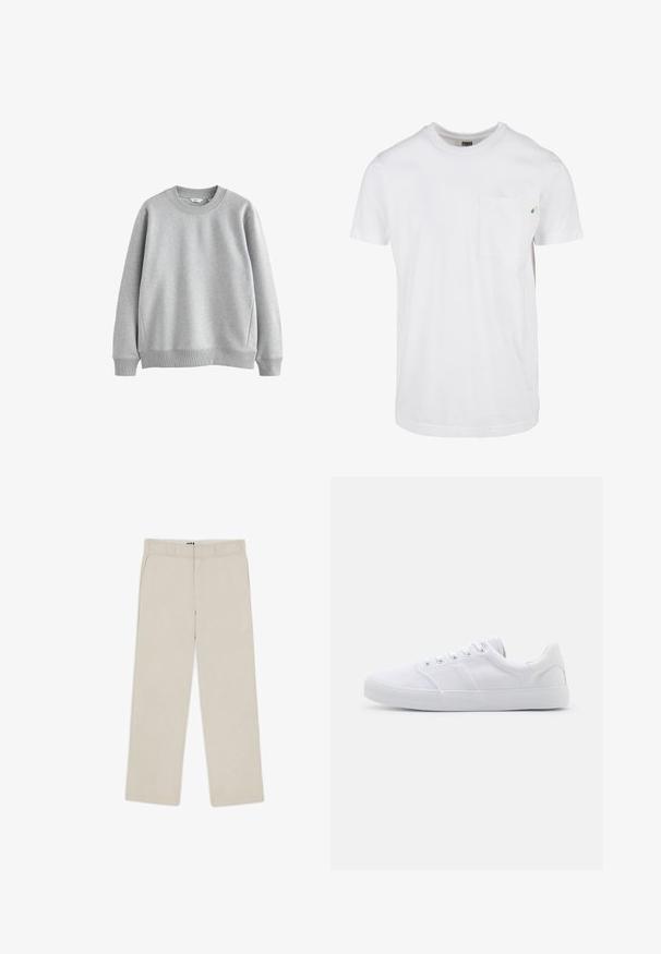 Sudadera gris con cuello redondeado, puños y dobladillo acanalados. Hecha de una tela suave con una textura lisa, con un diseño sencillo.; Camiseta blanca de manga corta en algodón con cuello redondo, que presenta un bolsillo en el pecho y un pequeño logotipo de hoja verde cerca del bolsillo.; Pantalones de pierna ancha color beige con una textura suave, que cuentan con pasadores para cinturón, dos bolsillos frontales y cierre con cremallera. Diseño minimalista.; Zapatillas de lona blancas con suela de goma, que cuentan con seis ojales, una puntera texturizada y un diseño minimalista.
