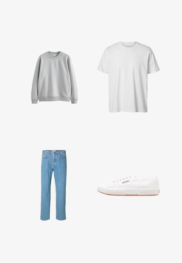 Grijze sweatshirt met een ronde halslijn, ribgebreide manchetten en zoom. Gemaakt van zachte stof met een gladde textuur, met een eenvoudig ontwerp.; Eenvoudig wit T-shirt met korte mouwen en ronde hals, losse pasvorm en zonder zichtbare logo's of ontwerpen aan de voorkant.; Lichtblauwe denim jeans met een recht gesneden ontwerp. Kenmerken zijn een knoopsluiting, vijf zakken en gestikte details langs de naden.; Witte canvas sneakers met een rubberen zool, vetersluiting en een klein logolabel aan de zijkant. Gewreven wit bovenwerk en een bruine zool.