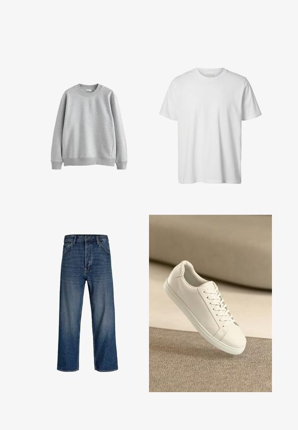 Grijze sweatshirt met een ronde halslijn, ribgebreide manchetten en zoom. Gemaakt van zachte stof met een gladde textuur, met een eenvoudig ontwerp.; Eenvoudig wit T-shirt met korte mouwen en ronde hals, losse pasvorm en zonder zichtbare logo's of ontwerpen aan de voorkant.; Denim jeans met een recht model, donkere blauwtint en subtiele vervaging. Voorzien van vijf zakken en een knoopsluiting.; Witte leren sneaker met witte veters, weergegeven op een beige textuurovervlak en een zacht vervaagd achtergrond.