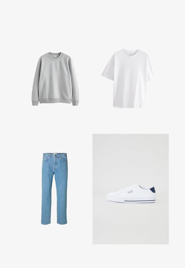 Sudadera gris con cuello redondeado, puños y dobladillo acanalados. Hecha de una tela suave con una textura lisa, con un diseño sencillo.; Camiseta blanca lisa de manga corta y cuello redondo con un ajuste relajado sobre un fondo blanco.; Jeans de mezclilla azul claro con un diseño de pierna recta. Las características incluyen una bragueta con botón, cinco bolsillos y detalles cosidos a lo largo de las costuras.; Zapatillas de lona blancas con un acento en el talón en color navy, suela de goma plana, punta redonda y cordones blancos. Presenta un logo en el costado.