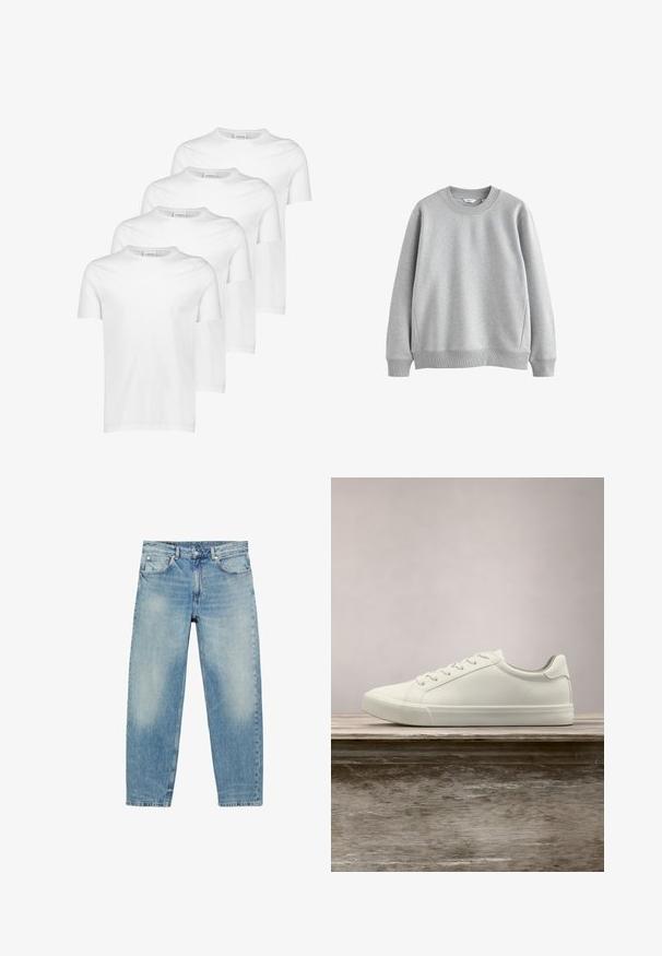 Grijze sweatshirt met een ronde halslijn, ribgebreide manchetten en zoom. Gemaakt van zachte stof met een gladde textuur, met een eenvoudig ontwerp.; Witte katoenen T-shirts, korte mouwen, ronde halslijn, gladde textuur, vier stuks gestapeld met een consistent ontwerp en zonder patronen of accenten.; Jeans met rechte pijpen van blauwe denim, met voorzakken en riemlussen, met lichte vervaagde details op dijen en knieën.; Witte vetersneaker die boven een houten bank zweeft met groene bladeren op de achtergrond, waarbij het ontwerp en de textuur van de schoen worden getoond.