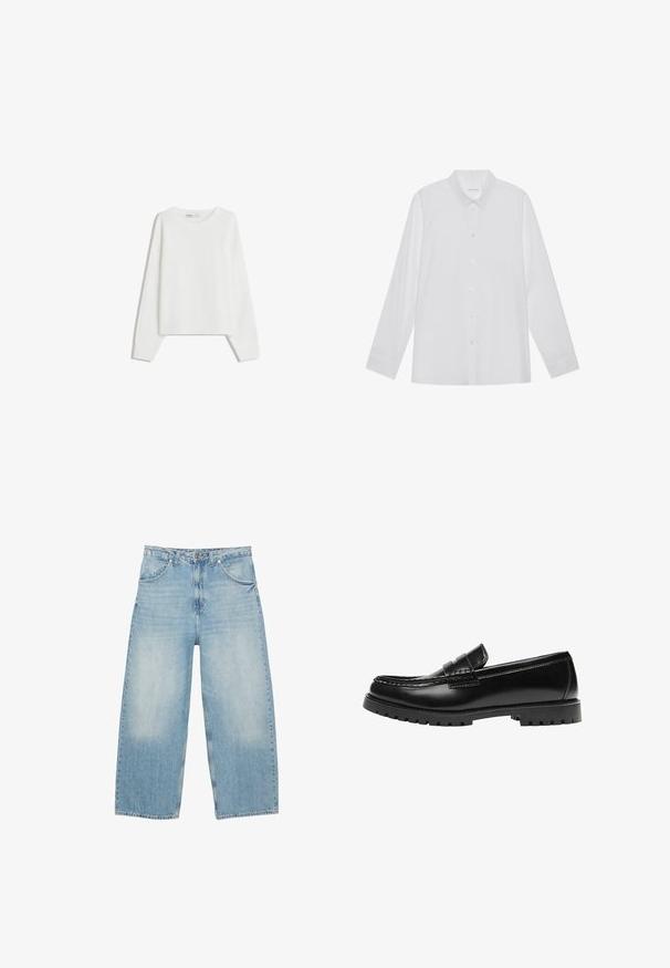 Pull en tricot blanc avec des manches longues, un col rond, des poignets et un ourlet côtelés. Texture douce, coupe ample, sans motifs ni accents visibles.; Chemise blanche à manches longues en tissu lisse, dotée d'un col pointu, d'une fermeture à boutons sur le devant et de poignets à un bouton.; Jean en denim bleu clair à jambes larges avec poches avant, passants pour ceinture, et fermeture par bouton et zip, présenté à plat sur un fond blanc.; Mocassin en cuir noir avec une semelle en caoutchouc épaisse et un détail classique de bride à monnaie, vu de côté extérieur.