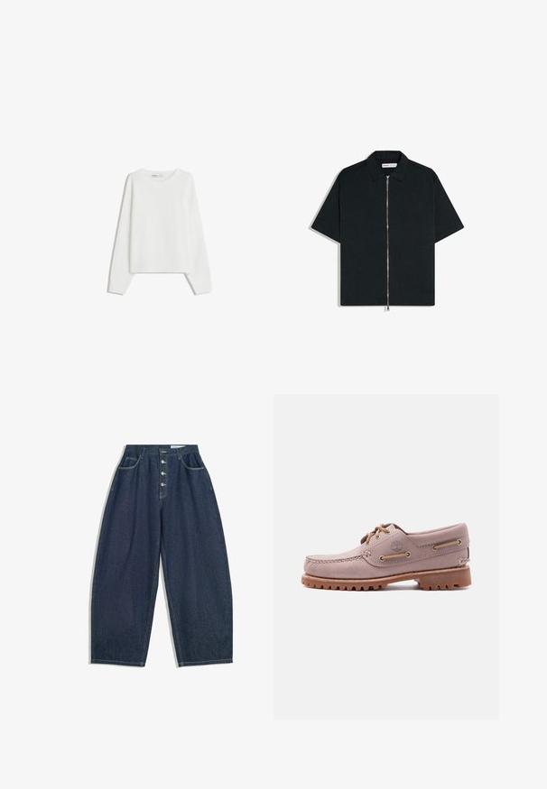 Pull en tricot blanc avec des manches longues, un col rond, des poignets et un ourlet côtelés. Texture douce, coupe ample, sans motifs ni accents visibles.; Chemise noire à manches courtes avec col et fermeture éclair argentée intégrale à l’avant, présentée à plat sur fond blanc.; Pantalons en denim bleu foncé à jambes larges avec une taille haute, fermeture à cinq boutons et cinq poches. Présente des accents de couture sur les coutures.; Chaussure bateau en cuir marron clair avec surpiqûres sur le bout mocassin, lacets en cuir, logo Timberland et semelle en caoutchouc résistante, présentée sur fond blanc.
