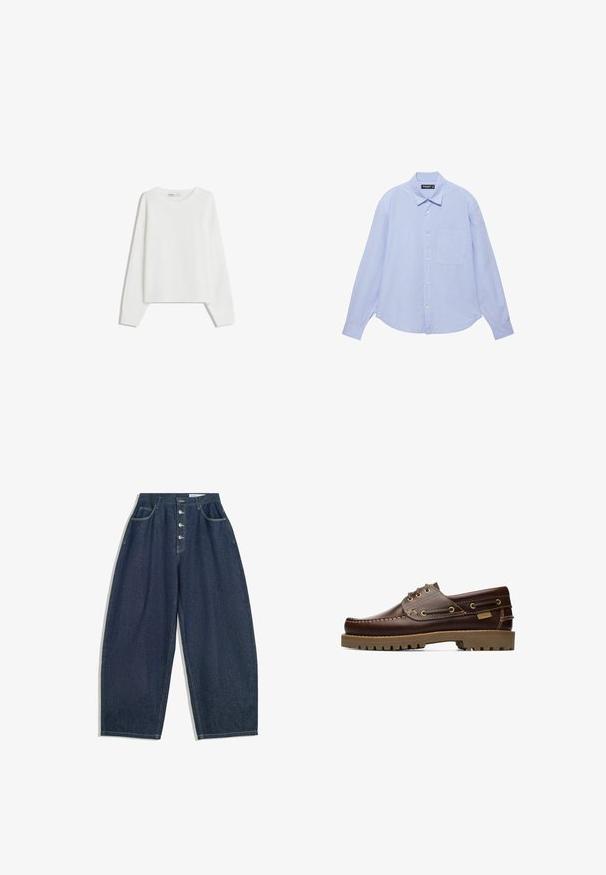 Hvid strikket sweater med lange ærmer, rund halsudskæring, ribbede manchetter og kant. Blød tekstur, løs pasform, ingen synlige mønstre eller accenter.; Lyseblå, langærmet skjorte med knapper foran, hvide lodrette striber, brystlomme og klassisk krave.; Mørkeblå denim bukser med brede ben og høj talje, fem knaplukninger og fem lommer. Har stikninger som accent på sømmene.; Brune læder snørelæderbådssko med syede detaljer og tyk gummisål, set fra siden.