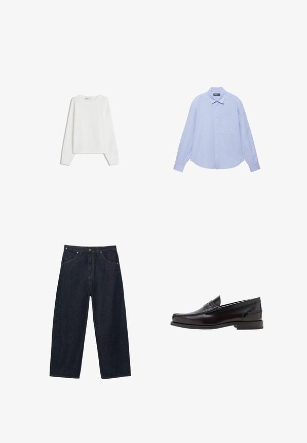 Pull en tricot blanc avec des manches longues, un col rond, des poignets et un ourlet côtelés. Texture douce, coupe ample, sans motifs ni accents visibles.; Chemise bleu clair à manches longues avec des rayures blanches verticales, une poche poitrine et un col classique.; Jean denim bleu foncé à jambes larges, avec cinq poches, fermeture à boutons et surpiqûres orange visibles.; Les mocassins en cuir noir présentent une finition lisse, des détails cousus sur la tige et une semelle en caoutchouc profilée basse.