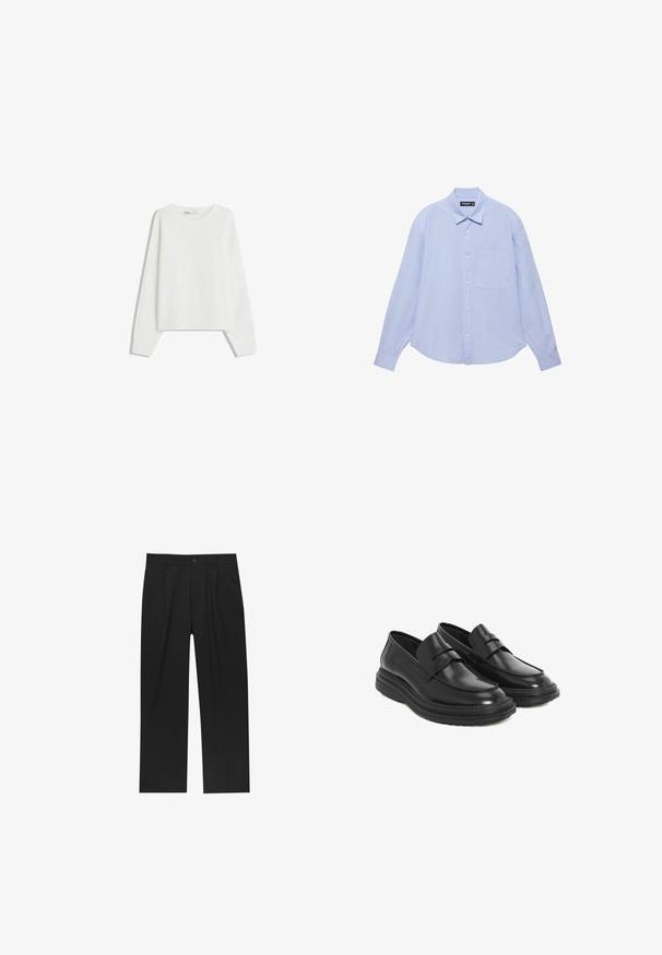 Pull en tricot blanc avec des manches longues, un col rond, des poignets et un ourlet côtelés. Texture douce, coupe ample, sans motifs ni accents visibles.; Chemise bleu clair à manches longues avec des rayures blanches verticales, une poche poitrine et un col classique.; Pantalons noirs au design droit, fabriqués à partir d'un tissu lisse. Dotés de plis sur le devant et d'une fermeture à un bouton à la taille.; Mocassins en cuir noir avec un bout arrondi, des coutures décoratives et une semelle en caoutchouc à plateforme. Présente une bandoulière décorative sur le devant.