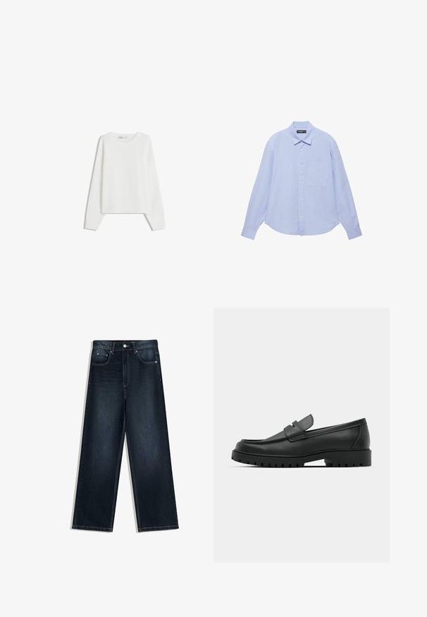 Pull en tricot blanc avec des manches longues, un col rond, des poignets et un ourlet côtelés. Texture douce, coupe ample, sans motifs ni accents visibles.; Chemise bleu clair à manches longues avec des rayures blanches verticales, une poche poitrine et un col classique.; Jean en denim foncé à jambes larges avec une texture lisse, doté d'une fermeture à boutons sur le devant, de cinq poches et de détails de couture contrastants.; Mocassins en cuir noir à bout arrondi, avec un design cousu, une semelle plateforme basse et une semelle en caoutchouc texturée et crantée.