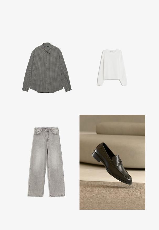 Pull en tricot blanc avec des manches longues, un col rond, des poignets et un ourlet côtelés. Texture douce, coupe ample, sans motifs ni accents visibles.; Chemise boutonnée à manches longues avec un col classique et un petit motif à carreaux dans des nuances de gris et de marron.; Jean gris à jambes larges avec taille haute, bouton avant, passants de ceinture et deux poches avant sur fond blanc.; Mocassin en cuir noir flottant au-dessus d'un tapis beige avec un canapé beige en arrière-plan, mettant en valeur le design classique pour hommes sans lacets.