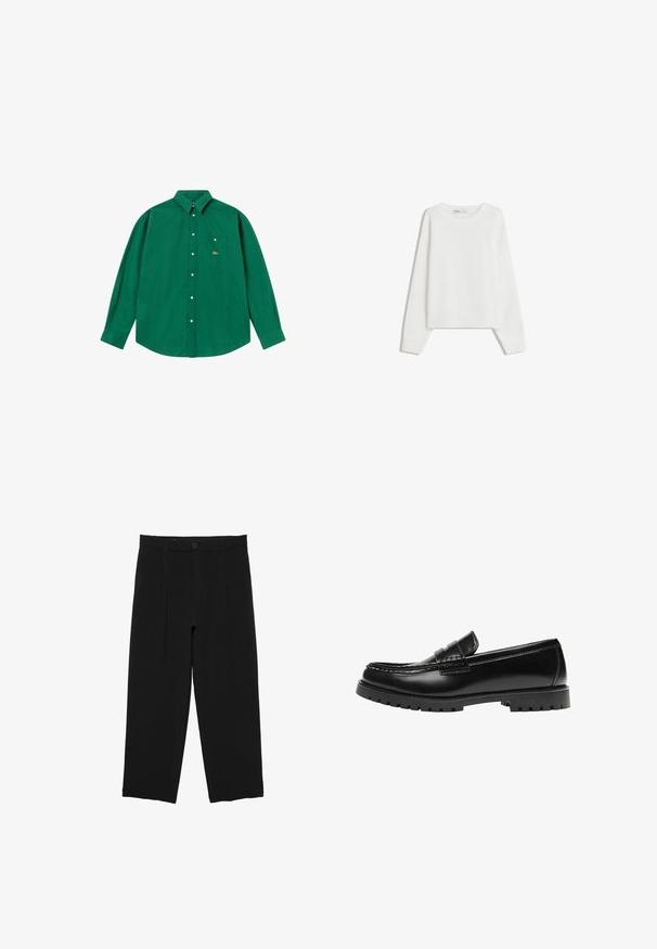 Pull en tricot blanc avec des manches longues, un col rond, des poignets et un ourlet côtelés. Texture douce, coupe ample, sans motifs ni accents visibles.; Chemise à manches longues rayée verte avec un col à boutons, une poche poitrine unique et un détail de logo doré sur la poche. Texture de tissu douce.; Pantalon noir à jambes larges avec passants de ceinture, bouton à l'avant et design plissé, présenté sur un fond blanc.; Mocassin en cuir noir avec une semelle en caoutchouc épaisse et un détail classique de bride à monnaie, vu de côté extérieur.