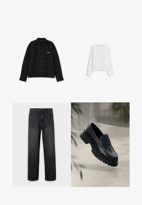 Hvid strikket sweater med lange ærmer, rund halsudskæring, ribbede manchetter og kant. Blød tekstur, løs pasform, ingen synlige mønstre eller accenter.; Sort langærmet skjorte lavet af stof, med krave, knap-lukning foran, enkelt brystlomme og broderet logo i hvid på lommen.; Mørkegrå denim jeans med lige ben, der har lynlås i gylpen, fem lommer og diskrete falmende detaljer på stoffet.; Sorte læder loafers med en chunky sål, der har en dekorativ rem og syninger. Glat tekstur med en poleret overflade.