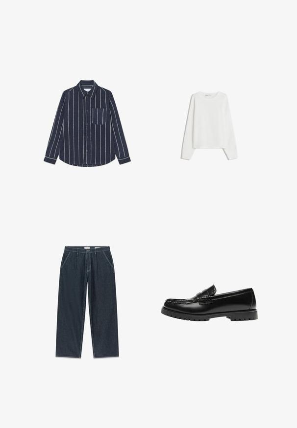 Hvid strikket sweater med lange ærmer, rund halsudskæring, ribbede manchetter og kant. Blød tekstur, løs pasform, ingen synlige mønstre eller accenter.; Marineblå skjorte med lodrette hvide striber, lange ærmer, krave og en venstre brystlomme. Blød tekstur med et medium-vægtigt stof.; Mørkeblå bukser med brede ben og lodrette striber, med lynlås og knaplukning, fire lommer og kontrastfulde hvide syningsdetaljer.; Sort læderloafer med en kraftig gummisål og klassiske penny-strap detaljer, vist fra ydersiden.