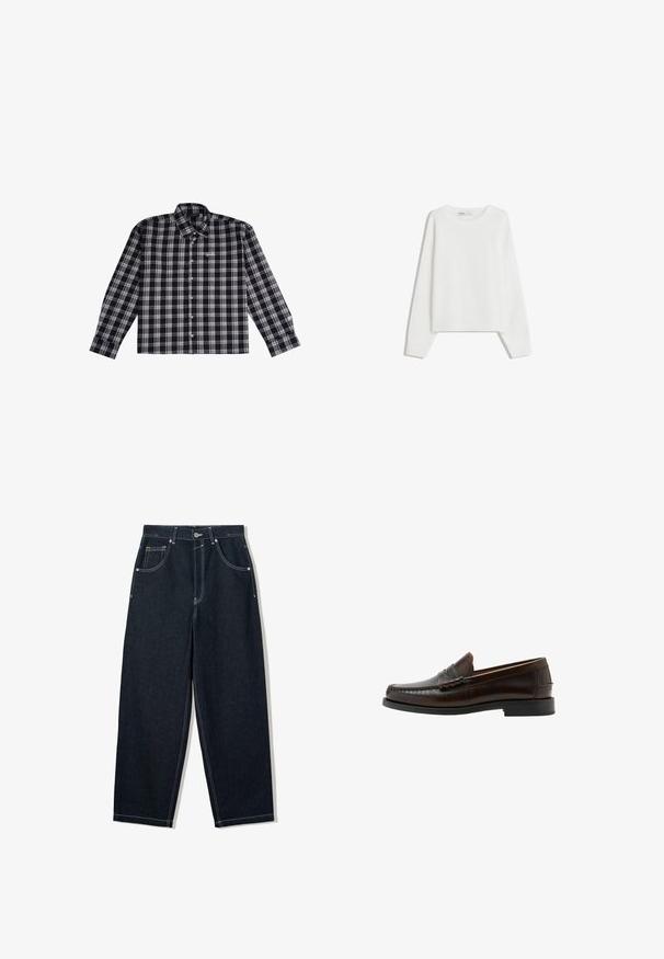 Hvid strikket sweater med lange ærmer, rund halsudskæring, ribbede manchetter og kant. Blød tekstur, løs pasform, ingen synlige mønstre eller accenter.; Sort og gråternet langærmet skjorte lavet af blødt stof med knapkrave og broderet logo på brystet.; Løsvidde, mørke denim jeans med kontrastfarvet hvid syning, fem lommer og knappelukning. Har et højt talje-design.; Mørkebrun læder penny loafer med syet mokkasin tå, lav hæl og glat finish vist i sideprofil på hvid baggrund.