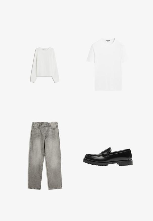 Hvid strikket sweater med lange ærmer, rund halsudskæring, ribbede manchetter og kant. Blød tekstur, løs pasform, ingen synlige mønstre eller accenter.; Hvid bomulds t-shirt med rund hals, korte ærmer og lige skæring. Har en glat, let tekstur og ingen synlige mønstre.; Grå denimbukser med lige ben, der har forlommer, en knaplukning og en subtil falmet tekstur.; Sort læderloafer med en kraftig gummisål og klassiske penny-strap detaljer, vist fra ydersiden.