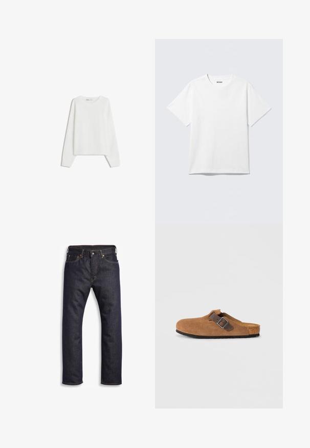 Hvid strikket sweater med lange ærmer, rund halsudskæring, ribbede manchetter og kant. Blød tekstur, løs pasform, ingen synlige mønstre eller accenter.; Hvid kortærmet crewneck T-shirt lagt fladt ud, ensfarvet design, med "WEEKDAY" mærkat inde i kraven på en lys baggrund.; Mørkeblå denimjeans med lige snit, fem-lomme design, metalbeslag og kontrasterende orange syninger. Glat tekstur, ingen synlige mønstre.; Brune ruskindsklogs med en justerbar brun læderrem og sølv spænde, der har en formet korkfodbed og en tekstureret gummi sål.