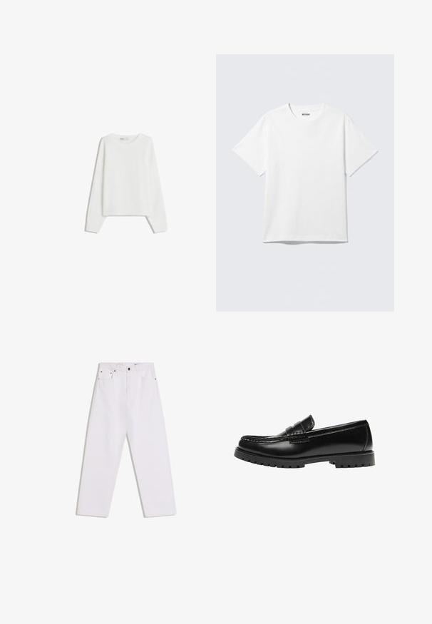 Pull en tricot blanc avec des manches longues, un col rond, des poignets et un ourlet côtelés. Texture douce, coupe ample, sans motifs ni accents visibles.; T-shirt blanc à manches courtes et col rond, étalé à plat, design uni, avec l'étiquette "WEEKDAY" à l'intérieur du col sur un fond clair.; Jean blanc droit avec cinq poches, passants pour ceinture, et fermeture à bouton et glissière à l'avant sur un fond uni.; Mocassin en cuir noir avec une semelle en caoutchouc épaisse et un détail classique de bride à monnaie, vu de côté extérieur.