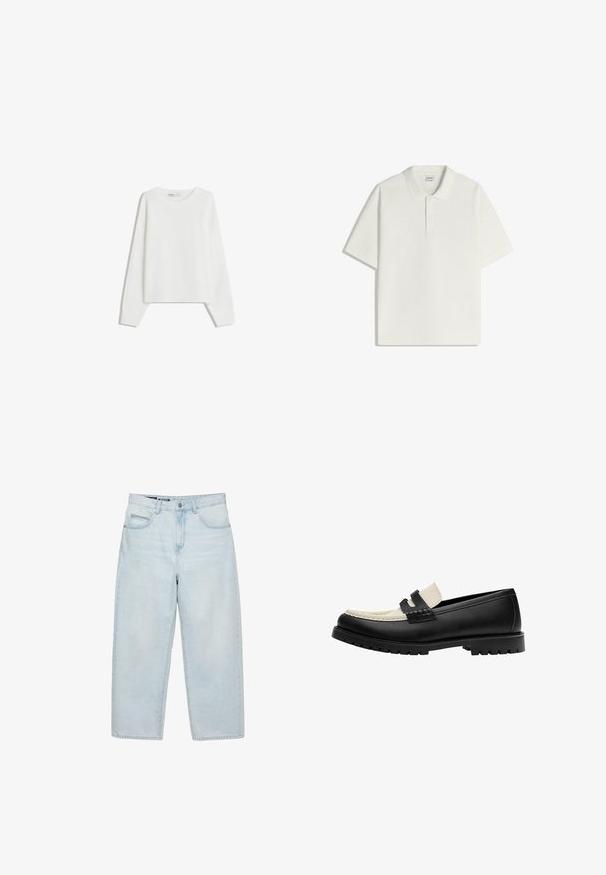 Pull en tricot blanc avec des manches longues, un col rond, des poignets et un ourlet côtelés. Texture douce, coupe ample, sans motifs ni accents visibles.; Polo blanc à manches courtes avec patte à deux boutons et col classique, posé à plat sur fond blanc.; Jean ample taille haute bleu clair avec poches avant et fermeture à boutons, présenté sur un fond blanc.; Mocassin en cuir noir et blanc avec semelle en caoutchouc épaisse et détail de bride penny, présenté de profil sur un fond blanc.
