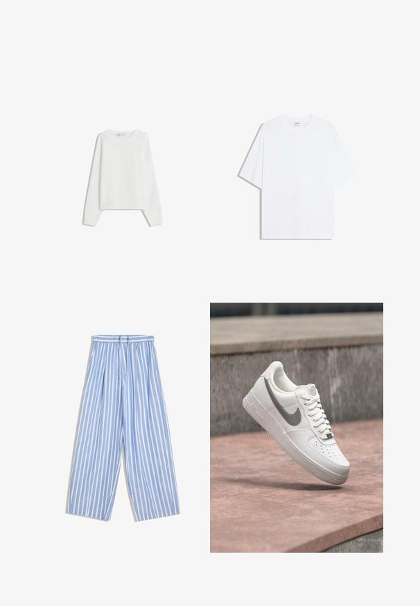 Hvid strikket sweater med lange ærmer, rund halsudskæring, ribbede manchetter og kant. Blød tekstur, løs pasform, ingen synlige mønstre eller accenter.; Hvid oversized bomulds t-shirt med rund hals og korte ærmer; glat tekstur, uden synlige mønstre eller accenter.; Lyseblå og hvide lodrette stribede løstsiddende bukser med elastisk linning og snøre, lagt fladt på en hvid baggrund.; Hvid Nike Air Force 1 sneaker med gråt swoosh-logo svævende over en stensurface og en grå stenvæg i baggrunden.