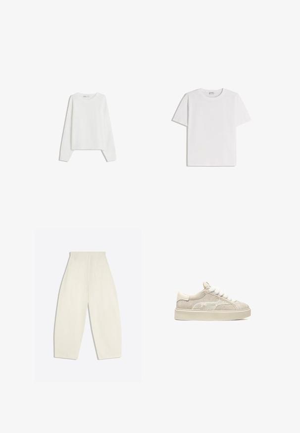 Pull en tricot blanc avec des manches longues, un col rond, des poignets et un ourlet côtelés. Texture douce, coupe ample, sans motifs ni accents visibles.; T-shirt en coton blanc avec un col rond et des manches courtes. Présente une coupe classique et carrée, sans motifs ni accents visibles.; Pantalon crème taille haute à jambes larges, avec poches arrière et passants de ceinture, présenté à plat sur un fond clair.; Baskets en daim beige avec tige texturée, lacets blancs pelucheux et semelle en caoutchouc crème contrastante. Design simple avec peu de détails matériels.