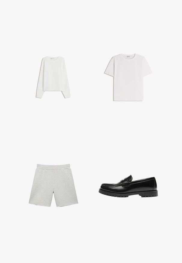 Pull en tricot blanc avec des manches longues, un col rond, des poignets et un ourlet côtelés. Texture douce, coupe ample, sans motifs ni accents visibles.; T-shirt en coton blanc avec un col rond et des manches courtes. Présente une coupe classique et carrée, sans motifs ni accents visibles.; Shorts décontractés gris clair avec ceinture élastique et poches latérales, présentés à plat sur un fond blanc.; Mocassin en cuir noir avec une semelle en caoutchouc épaisse et un détail classique de bride à monnaie, vu de côté extérieur.