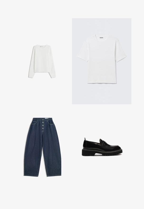 Pull en tricot blanc avec des manches longues, un col rond, des poignets et un ourlet côtelés. Texture douce, coupe ample, sans motifs ni accents visibles.; T-shirt blanc uni à manches courtes et col rond, avec une petite étiquette "WEEKDAY" à l'intérieur du col arrière, présenté à plat.; Pantalons en denim bleu foncé à jambes larges avec une taille haute, fermeture à cinq boutons et cinq poches. Présente des accents de couture sur les coutures.; Chaussure slip-on en cuir noir avec un bout arrondi, semelle texturée épaisse, coutures décoratives et un petit talon. Présente une tirette à l'arrière.