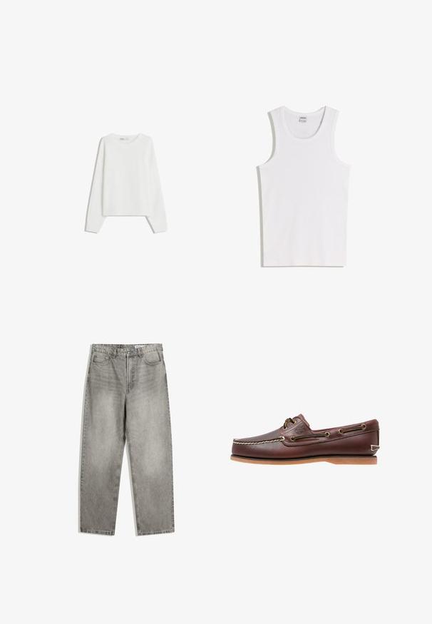 Hvid strikket sweater med lange ærmer, rund halsudskæring, ribbede manchetter og kant. Blød tekstur, løs pasform, ingen synlige mønstre eller accenter.; Hvid bomulds tanktop med rund halsudskæring og brede skulderstropper. Glat tekstur, uden mønstre eller detaljer, enkelt design.; Grå denimbukser med lige ben, der har forlommer, en knaplukning og en subtil falmet tekstur.; Brun læder bådsko med hvide sømme, snøre detaljer og lysbrun gummisål, vist fra siden på hvid baggrund.
