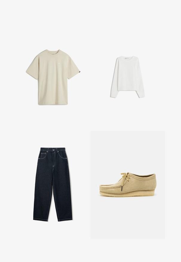 Hvid strikket sweater med lange ærmer, rund halsudskæring, ribbede manchetter og kant. Blød tekstur, løs pasform, ingen synlige mønstre eller accenter.; Beige bomulds T-shirt med korte ærmer, rund halsudskæring og et lille hvidt logo på brystet. Glat tekstur med en afslappet pasform.; Mørke indigo straight-leg jeans med hvide kontrastsømme, fem-lomme-design og metalknaplukning ved taljen.; Beige suedestøvle med snørebåndsdesign, syede detaljer og gummisål. Formen er afslappet med en let hæl.