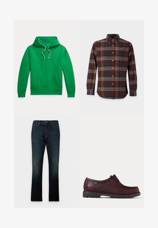 Sudadera verde con capucha, bolsillo delantero, cordones blancos y pequeño logo azul de Polo Ralph Lauren en el pecho.; Camisa de manga larga con botones, con un patrón de cuadros en marrón, verde, púrpura y beige, con cuello abotonado y bolsillo en el pecho.; Vaqueros de denim azul oscuro de pierna recta con cinco bolsillos y costuras naranjas, mostrados planos sobre un fondo blanco.; Zapato estilo mocasín de cuero marrón oscuro con suela negra resistente y etiqueta con el logo verde de Polo en el lateral, mostrado en vista lateral.