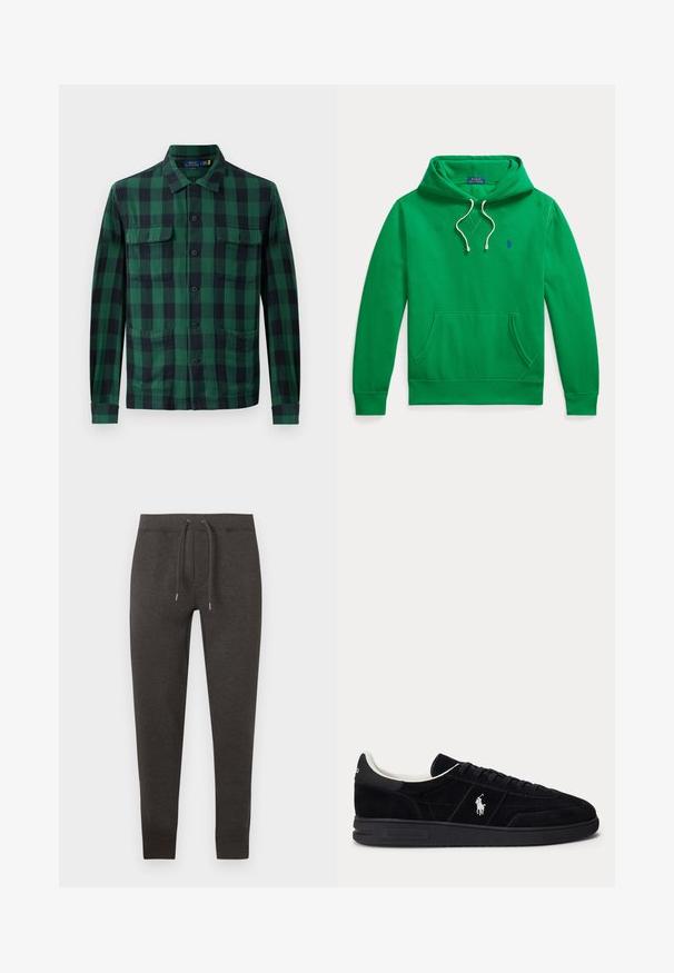 Grüner Kapuzenpullover mit Bauchtasche, weißen Kordeln und kleinem blauem Polo Ralph Lauren Logo auf der Brust.; Grün-schwarz kariertes Hemd, aus Stoff mit Knopfleiste, zwei Brusttaschen und langen Ärmeln mit geknöpften Manschetten.; Dunkelgraue Jogginghose aus weichem Material, ausgestattet mit einem elastischen Bund mit Kordelzug, zulaufenden Beinen und Bündchen am Knöchel.; Schwarzer Sneaker mit niedrigem Schnitt, schwarzen Schnürsenkeln, weißem Innenfutter und weißem Polo Ralph Lauren-Logo an der Seite und an der Ferse.