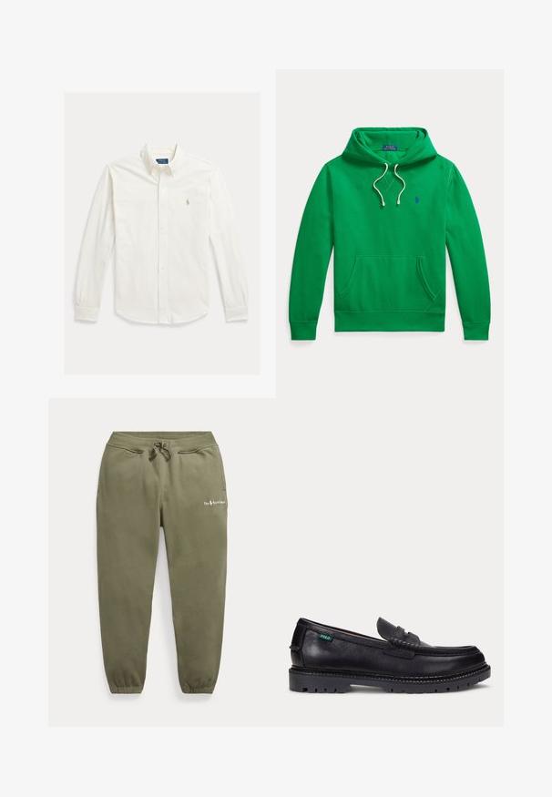 Groene capuchontrui met voorzak, witte trekkoorden en klein blauw Polo Ralph Lauren-logo op de borst.; Wit overhemd met lange mouwen, knopen en kraag, met Polo Ralph Lauren-logo geborduurd op de linkerborst.; Olijfgroene joggingbroek met elastische taille en boorden, trekkoord, zijzakken en klein Polo Ralph Lauren-logo op de linker dij.; Zwarte leren loafer met dikke geprofileerde zool en klein groen "Polo" label aan de buitenkant bij de hiel.