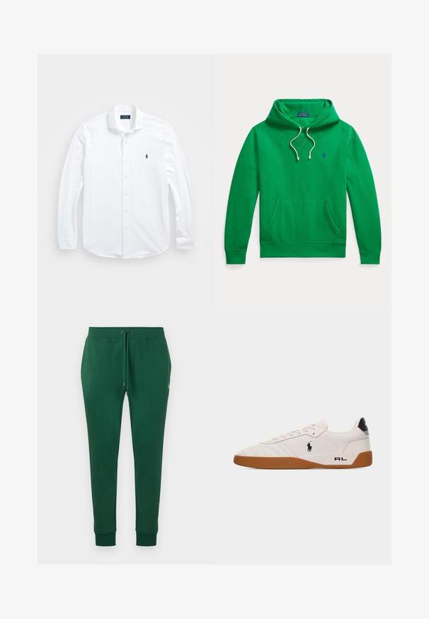 Grøn hættetrøje med forlompe, hvide snore og lille blå Polo Ralph Lauren-logo på brystet.; Hvid langærmet skjorte med knapper lavet af bomuld. Har en klassisk krave, regular fit og et lille marineblåt logo på brystet.; Mørkegrønne joggingbukser med snor i taljen, sidelommer, manchetter ved anklerne og lille hvid broderet logo på højre hofte.; Hvid lav sneakers med brun gummisål, sort Polo Ralph Lauren-logo på siden og "RL" tekst på hælområdet.