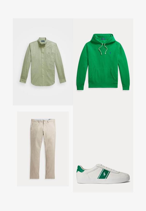 Zelená mikina s kapucňou, predným vreckom, bielymi sťahovacími šnúrkami a malým modrým logom Polo Ralph Lauren na hrudi.; Svetlozelená košeľa s dlhým rukávom, zapínaná na gombíky, s vyšívaným logom na hrudi a perlovo lesklými gombíkmi.; Béžové rovné bavlnené nohavice s prednými vreckami, pútkami na opasok, zapínaním na gombík a zipsom, zobrazené položené na bielom pozadí.; Biele nízke tenisky s zeleným pruhom a logom Polo na boku, zelený jazyk na päte a biele šnúrky, zobrazené z ľavej strany na jednoduchom pozadí.