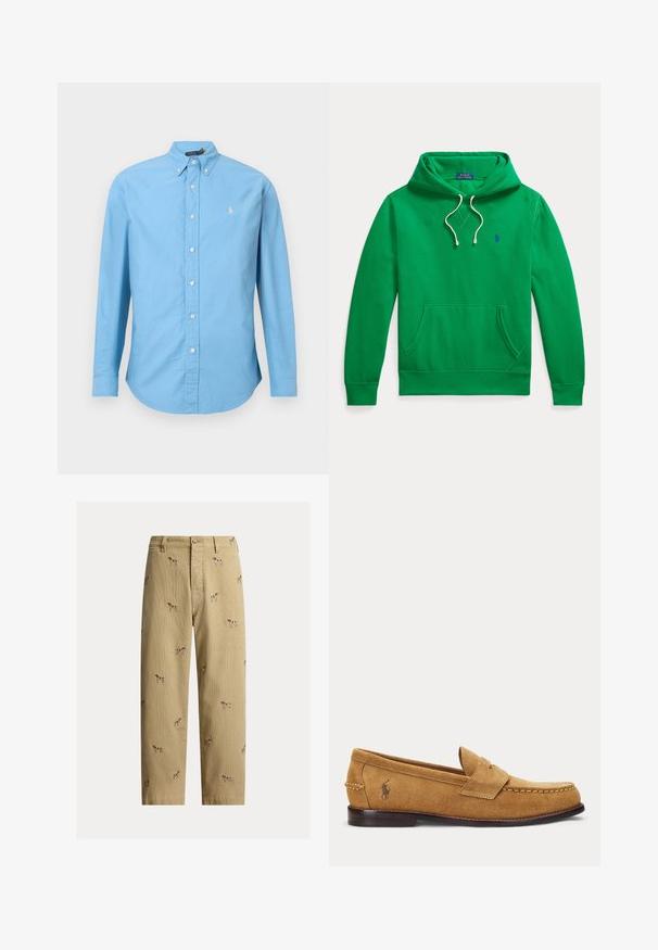 Sudadera verde con capucha, bolsillo delantero, cordones blancos y pequeño logo azul de Polo Ralph Lauren en el pecho.; Camisa de botón de manga larga azul claro. Tejido de algodón, cuello de botón, cinco botones en la parte frontal, con un pequeño logo amarillo en el lado izquierdo del pecho.; Pantalones de pana beige con diseños bordados de perros, corte recto y estilo de cinco bolsillos con cierre de botón frontal.; Mocasín de ante color tostado con detalles cosidos y un pequeño logo bordado de caballo en el lateral, con un tacón bajo de madera y diseño sin cordones.