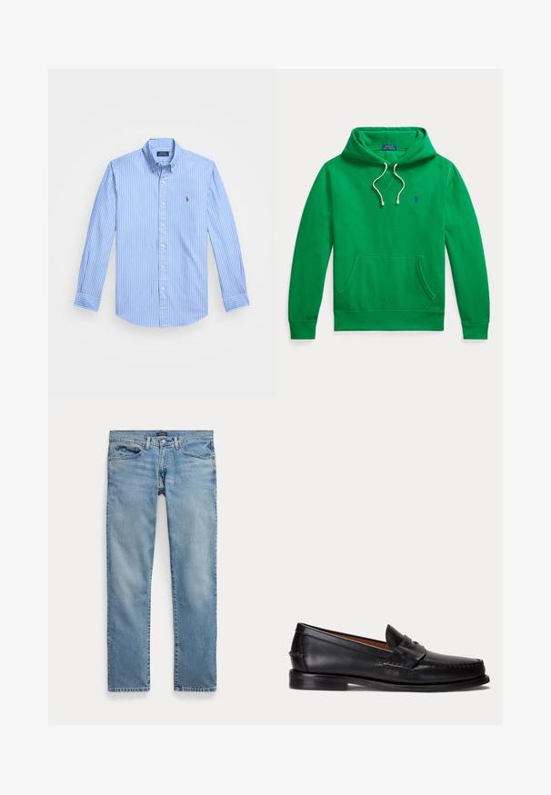 Zelená mikina s kapucňou, predným vreckom, bielymi sťahovacími šnúrkami a malým modrým logom Polo Ralph Lauren na hrudi.; Modrá a biela pruhovaná košeľa s dlhými rukávmi a gombíkmi s ostrým golierom a logom na hrudi. Bavlnená tkanina s hladkou textúrou.; Svetlomodré rovné rifľové nohavice s prednými vreckami a zapínaním na gombík, položené na bielom pozadí.; Čierny kožený mokasín s nízkym podpätkom a detailom s penny remienkom, zobrazený z boku na svetlosivom pozadí.