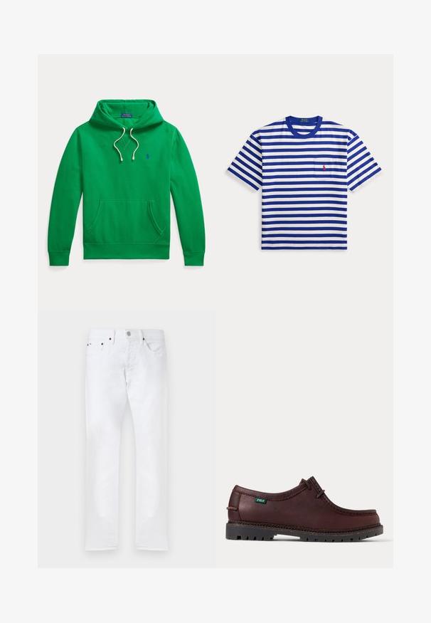 Roheline kapuutsiga dressipluus ees tasku, valgete nöörikeste ja väikese sinise Polo Ralph Lauren logoga rinnal.; Lühikeste varrukatega valge ja sinine horisontaalsete triipudega t-särk, ümmarguse kaelusega ja väikese rinnataskuga, millel on punane tikandiga logoga sümbol.; Valged kitsad teksad, millel on viis taskut, nööbiga sulgur ja vööaasad, esitatud lamedalt valgel taustal.; Tumepruun nahast mokasiinstiilis jalanõu musta tugevdatud tallaga ja rohelise Polo logoga sildiga küljes, näidatud külgvaates.