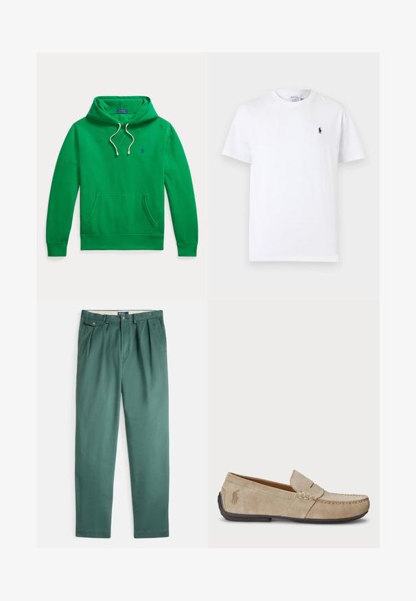 Sudadera verde con capucha, bolsillo delantero, cordones blancos y pequeño logo azul de Polo Ralph Lauren en el pecho.; Camiseta blanca de manga corta con cuello redondo y pequeño logo de jugador de polo en azul oscuro en el pecho izquierdo.; Pantalones de algodón verdes con pliegues, dos bolsillos delanteros y cierre de botón. Presentan un diseño de pierna recta y una textura suave.; Mocasines de ante beige con detalle cosido, suela de goma plana y un pequeño logotipo en el lateral. Diseño clásico de slip-on, textura suave.