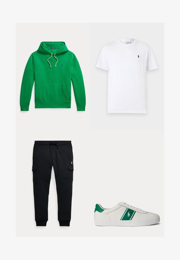 Grøn hættetrøje med forlompe, hvide snore og lille blå Polo Ralph Lauren-logo på brystet.; Hvid kortærmet T-shirt med rund hals og lille mørkeblå polo spiller logo på venstre bryst.; Sorte cargo joggebukser med snøre i taljen, sidelommer med klap, ribkantsmanchetter og lille hvid polo spiller logo på højre lår.; Hvid low-top sneaker med grøn stribe og Polo-logo på siden, grøn hæl-flik og hvide snørebånd, vist fra venstre side på ensfarvet baggrund.