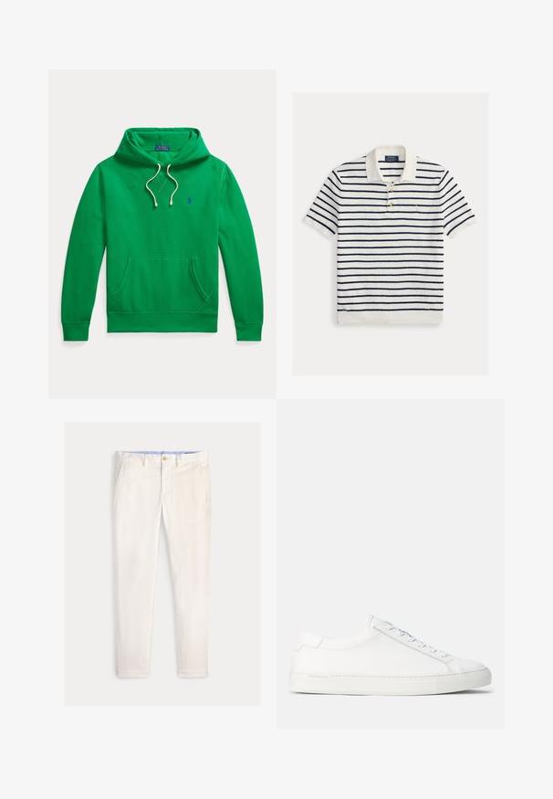 Zelená mikina s kapucňou, predným vreckom, bielymi sťahovacími šnúrkami a malým modrým logom Polo Ralph Lauren na hrudi.; Pruhované polo tričko v krémovej a námorníckej modrej farbe. Vyrobené z textúrovaného materiálu, s troj-tlačidlovým zapínaním a rebrovaným golierom. Malé logo na hrudi.; Pánske štíhle nohavice slonovinovej farby s prednými vreckami, pútkami na opasok a zapínaním na gombík na jednofarebnom pozadí.; Biele kožené tenisky s hladkým povrchom, zaobleným tvarom, plochou gumenou podrážkou a bielymi šnúrkami. Majú minimalistický dizajn a nenápadné branding.