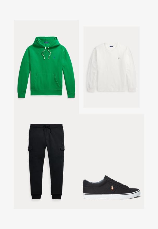 Grøn hættetrøje med forlompe, hvide snore og lille blå Polo Ralph Lauren-logo på brystet.; Hvid langærmet crewneck trøje med lille sort Polo Ralph Lauren-logo på venstre bryst og ribstrikkede ærmegab.; Sorte cargo joggebukser med snøre i taljen, sidelommer med klap, ribkantsmanchetter og lille hvid polo spiller logo på højre lår.; Sort lav sneakersko med hvid sål og broderet polo spiller logo på siden, med snørebånd og tekstureret stofoverdel.