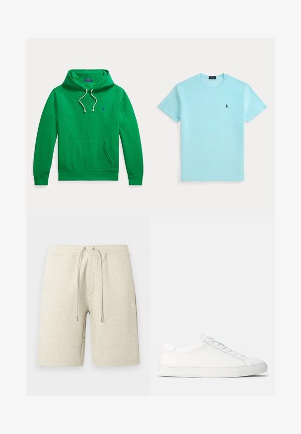 Grüner Kapuzenpullover mit Bauchtasche, weißen Kordeln und kleinem blauem Polo Ralph Lauren Logo auf der Brust.; Hellblaues T-Shirt mit kurzen Ärmeln und Rundhalsausschnitt mit kleinem dunklem Logo eines Polo-Spielers auf der linken Brust.; Beige Sportsshorts aus strukturiertem Stoff, mit elastischem Bund und Kordelzug sowie Seitentaschen. Dezentes Logodetail.; Weiße Leder-Sneaker mit glatter Textur, abgerundeter Form, flacher Gummisohle und weißen Schnürsenkeln. Verfügt über ein minimalistisches Design und dezente Markenkennzeichnung.