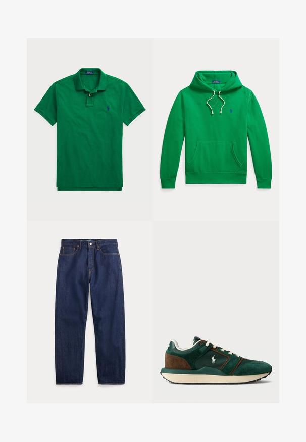 Roheline kapuutsiga dressipluus ees tasku, valgete nöörikeste ja väikese sinise Polo Ralph Lauren logoga rinnal.; Roheline polo särgid, mis on valmistatud puuvillast, klassikalise krae, nööbivarruga, lühikeste varrukatega ja sinise tikandiga logo rinnal.; Tumesinised sirgete säärega teksapüksid, viis taskut, nööpkinnitus ja nähtavad õmblused.; Meeste spordijalatsid tumeroheline ja pruun nahk, koos võrkpaneelidega, valgete paeltega ja kummist tallaga. Küljel on logo.