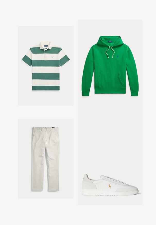 Zelená mikina s kapucňou, predným vreckom, bielymi sťahovacími šnúrkami a malým modrým logom Polo Ralph Lauren na hrudi.; Polo tričko s krátkym rukávom s širokými horizontálnymi zelenými a bielymi pruhmi, bielym golierom a malým vyšívaným logom na hrudi.; Svetlo béžové nohavice s rovným strihom, prednými vreckami, pútkami na opasok a zapínaním na gombík, zobrazené rozložené na bielom pozadí.; Biela nízka teniska so šnurovaním, zlaté logo Polo Ralph Lauren na boku a textúrovaná podrážka na jednofarebnom pozadí.