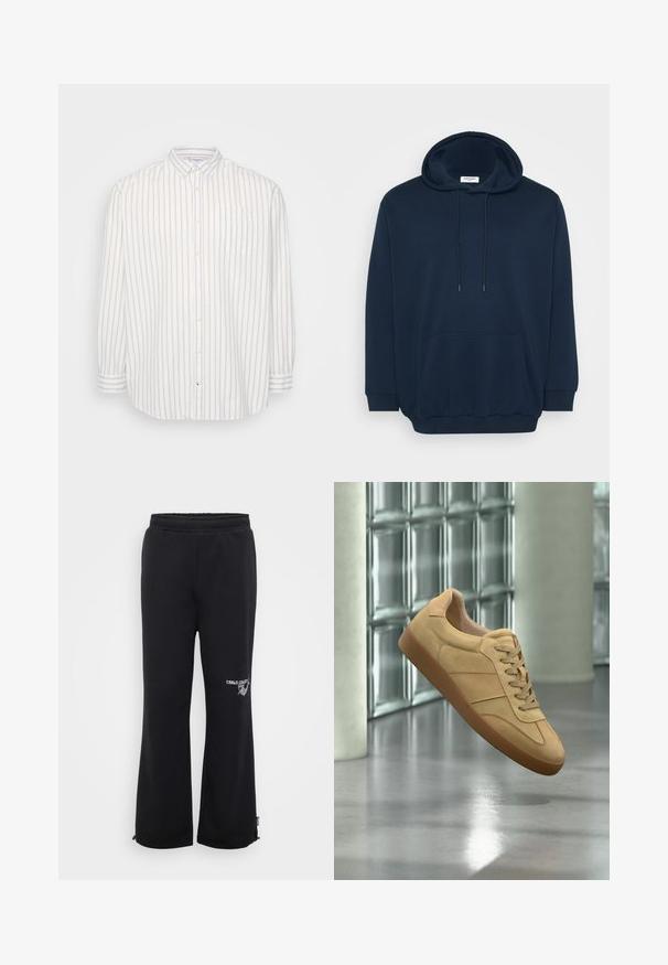 Marineblauwe hoodie van een katoenmix, met een trekkoordcapuchon, voorzak met kangoeroe-design, ribgebreide cuffs en een ontspannen pasvorm.; Gestreepte overhemden in wit en lichtbeige, lange mouwen, zak op de linkerborst, klassieke kraag, lichtgewicht stof.; Zwarte joggingbroek met een ontspannen pasvorm, gemaakt van zachte stof. Bevat een elastische tailleband en zijzakken, met een logo op één been.; Beige suède sneaker met rubberen zool, veterdesign, zwevend binnenshuis op gepolijst betonnen vloer nabij een glasblokmuur.