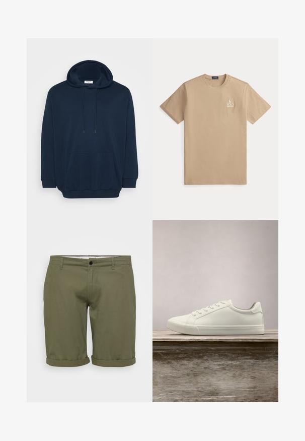 Hoodie bleu marine en mélange de coton, doté d'une capuche avec cordons de serrage, d'une poche kangourou à l'avant, de poignets côtelés et d'une coupe décontractée.; T-shirt beige à manches courtes Polo Ralph Lauren, col rond avec petit logo blanc sur le côté gauche de la poitrine.; Shorts vert olive avec une texture lisse, ourlets retroussés, bouton à la taille avant et poches latérales. Design simple et ajusté pour un look décontracté.; Sneaker en dentelle blanche flottant au-dessus d'un banc en bois avec un feuillage vert en arrière-plan, mettant en valeur le design et la texture de la chaussure.