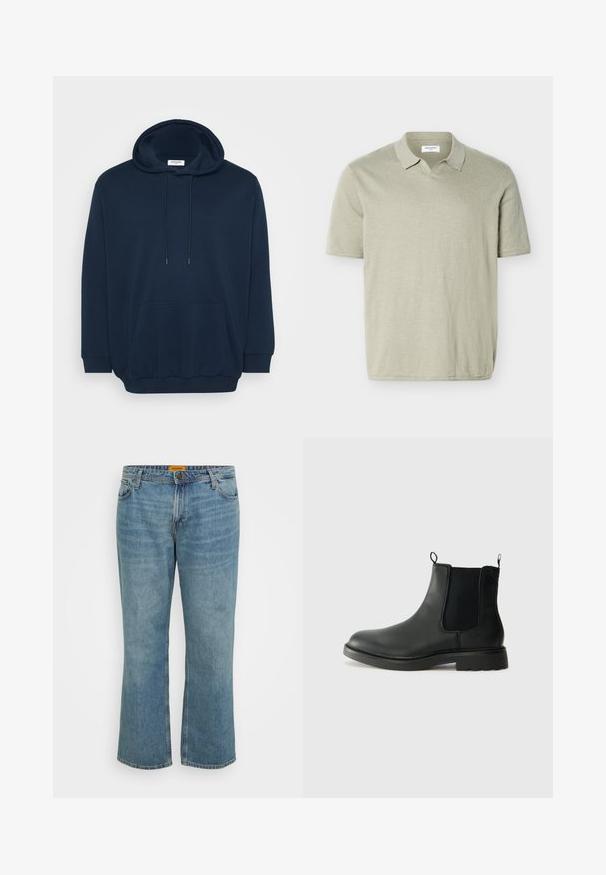 Marineblå hoodie i bomuldsblanding med justerbar hætte, frontlomme i kenguru-stil, ribbede manchetter og et afslappet fit-design.; Lysebeige kortærmet poloshirt med en blød krave uden knapper, lavet af letvægtsstof.; Lyseblå denim jeans med lige ben, fem lommer, synlig syning og lynlås. Mærket er gult på indersiden af taljebåndet.; Sorte læder chelsea støvler med elastiske sidepaneler, trækflapper, rund tå og tekstureret gummisål. Glat overflade og robust design.